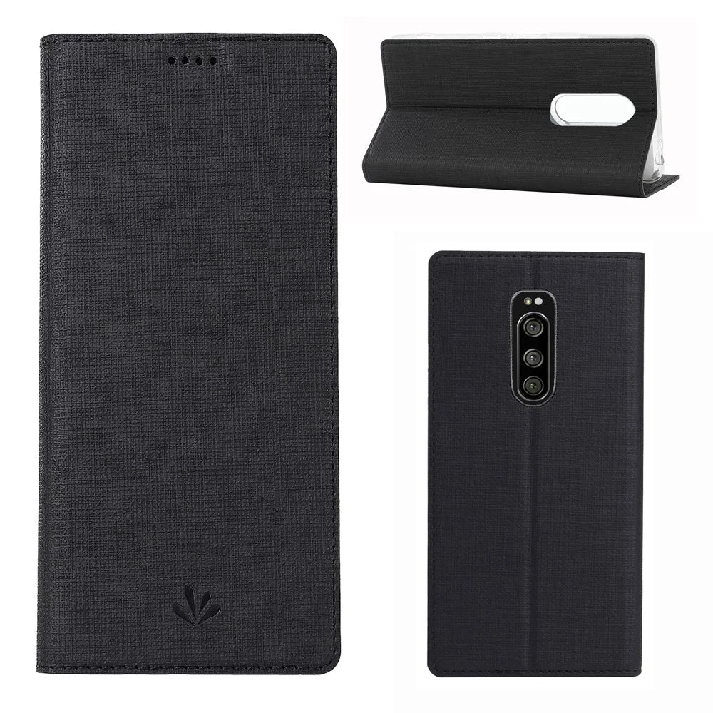 VILI DMX Cross Texture Stand Leather Phone Case for Sony Xperia 1 - Black - 1