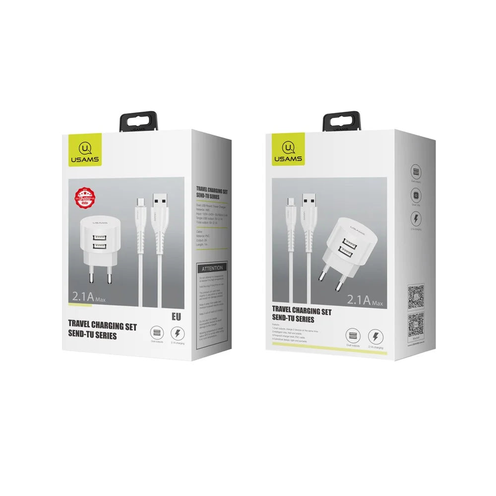 USAMS USAMS-XT T20 Dual USB Ports Round Travel Charger + U35 Data Sync Micro Charging Cable Set - EU Plug - 4