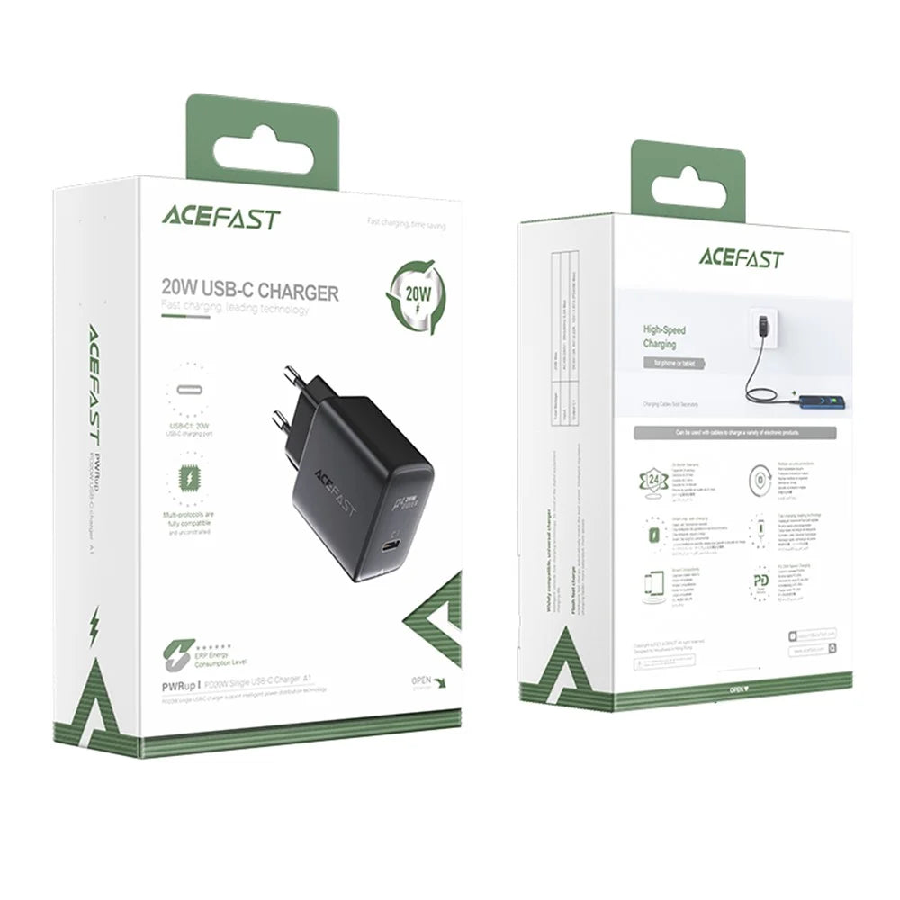 ACEFAST A1 PD20W USB C Single Port Portable Charger Adapter Charging Block Wall Power Plug EU Plug - Black - 6
