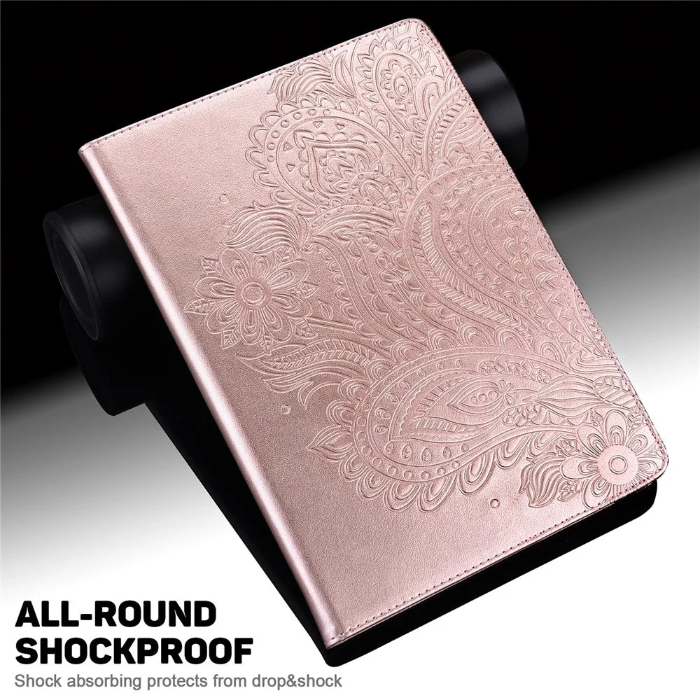 For Lenovo Legion Y700 Elastic Band Anti-fall Imprinting Flower Card Slots Stand Design PU Leather Tablet Cover Case - Rose Gold - 5