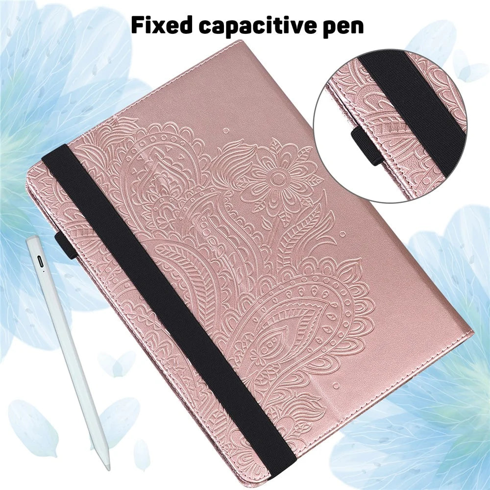 For Lenovo Legion Y700 Elastic Band Anti-fall Imprinting Flower Card Slots Stand Design PU Leather Tablet Cover Case - Rose Gold - 6