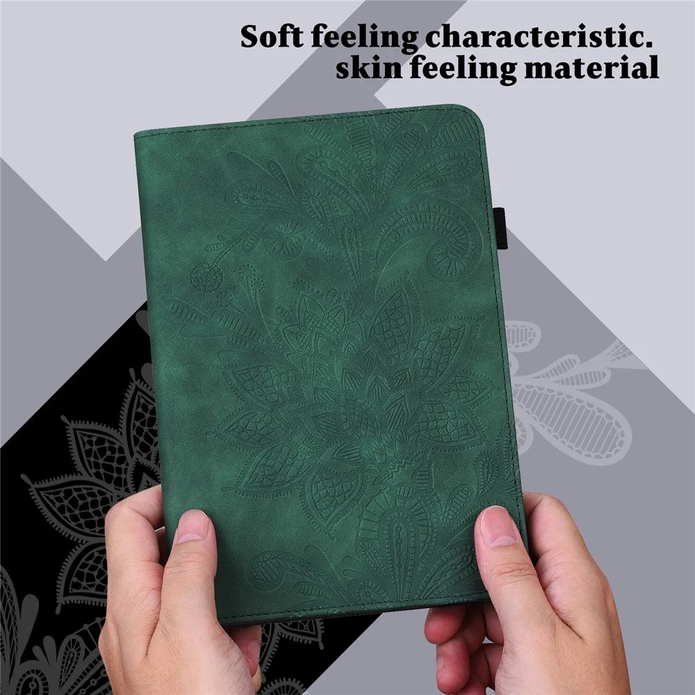For Lenovo Tab K10 (TB-X6C6F TB-X6C6L TB-X6C6X) (2021) Flower Imprinting Auto Wake/Sleep Tablet Cover Stand Wallet Anti-drop Leather Case - Green - 7