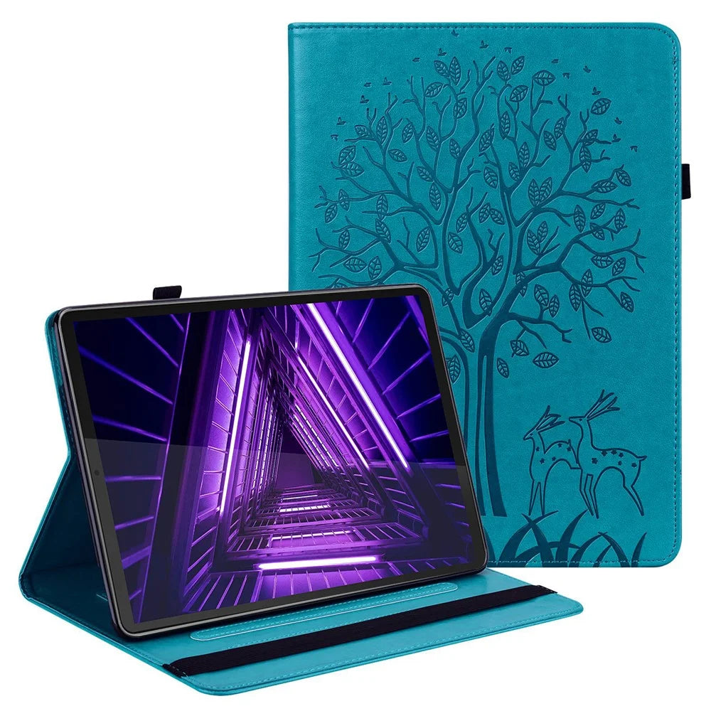 For Lenovo Tab M10 Plus (3rd Gen) Imprinting Tree Deer Pattern Tablet Case PU Leather Card Slots Stand Shell - Blue - 1
