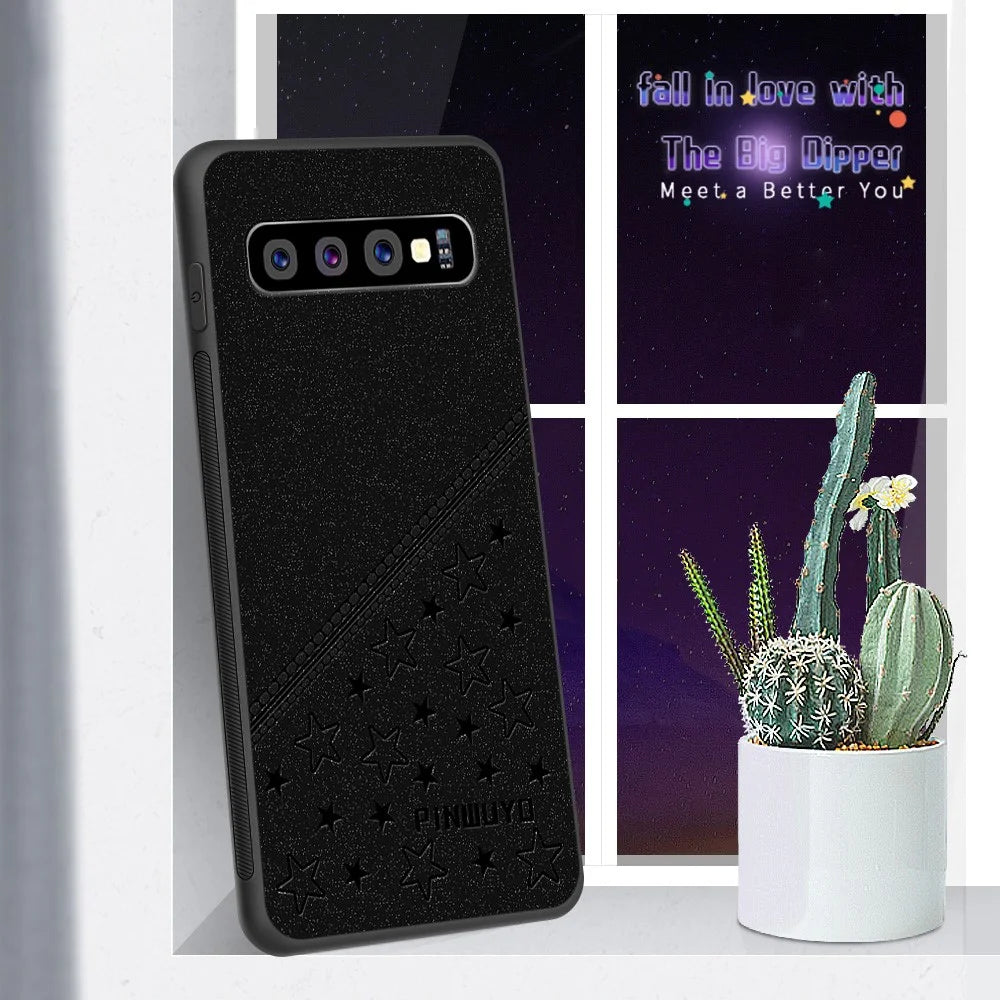PINWUYO Soft Edge Matte Surface Hybrid Phone Cover Shell Coated with Imprinting PU Leather for Samsung Galaxy S10 Plus - Black - 2
