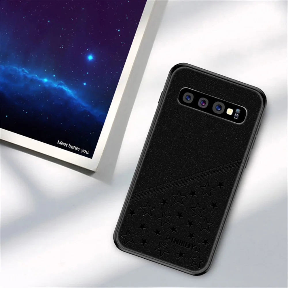 PINWUYO Soft Edge Matte Surface Hybrid Phone Cover Shell Coated with Imprinting PU Leather for Samsung Galaxy S10 Plus - Black - 3