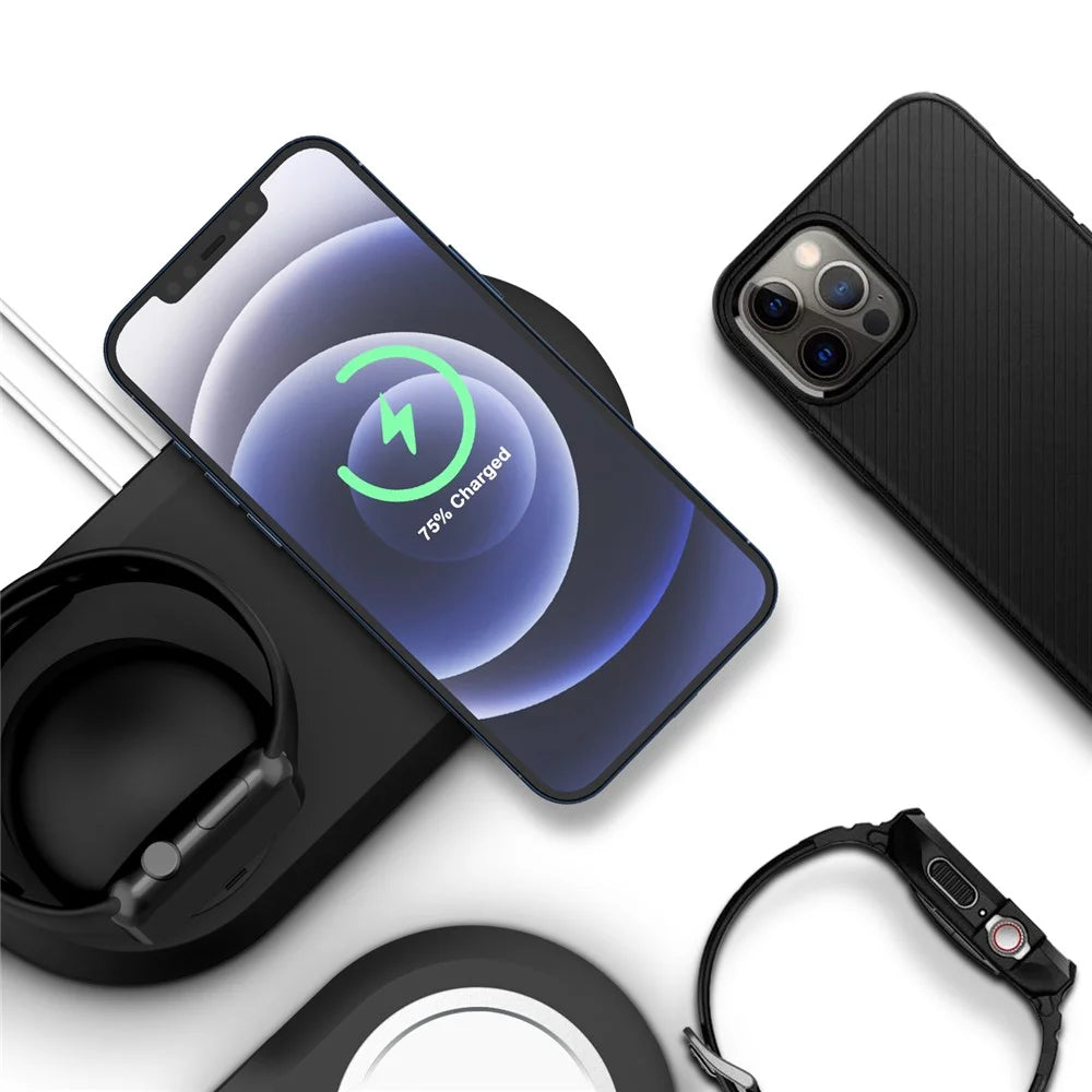 Silicone Charge Stand Holder Wireless Charging Station Dock for Apple Watch / iPhone 12 Series - Black - 7
