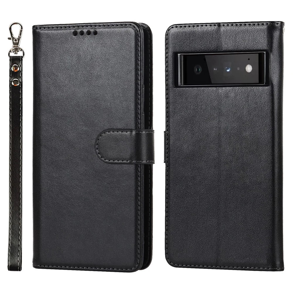 R61 Texture Felled Seam PU Leather Cover Wallet Phone Case Shell with Foldable Stand for Google Pixel 6 Pro - Black - 1
