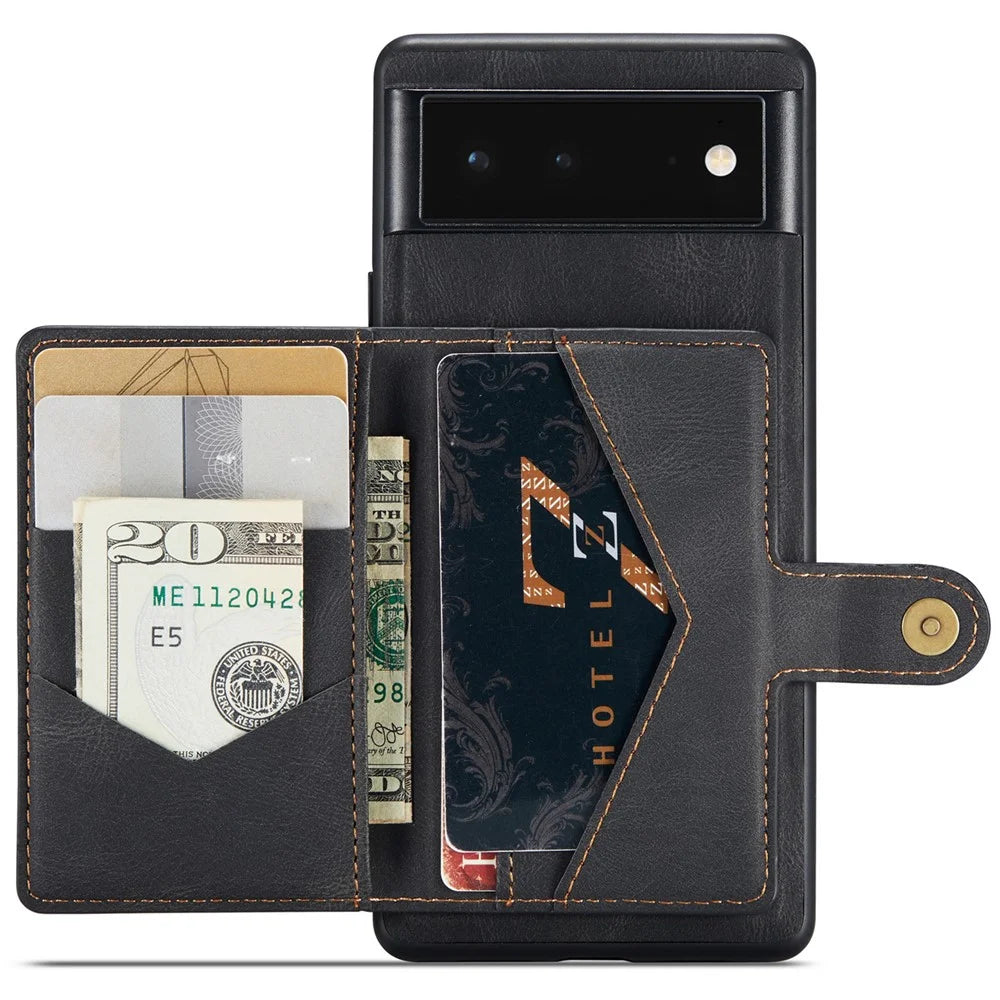 JEEHOOD Kickstand Function Detachable 2-in-1 Phone Case Drop-proof Wallet Magnetic Design Leather Coated TPU Cover for Google Pixel 6 - Black - 1