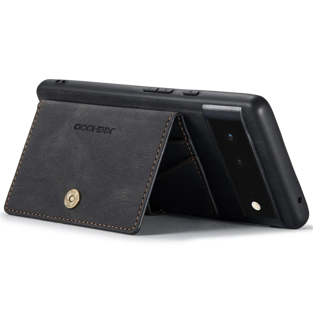 JEEHOOD Kickstand Function Detachable 2-in-1 Phone Case Drop-proof Wallet Magnetic Design Leather Coated TPU Cover for Google Pixel 6 - Black - 6