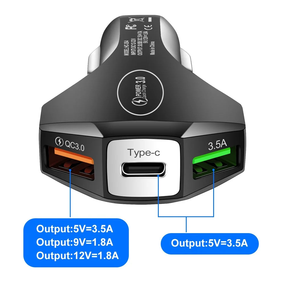 35W 7A Dual USB + 1 Type-C QC3.0 Fast Charging Mobile Phone Car Charger Power Adapter (CE, FCC Certificated) - Black - 4