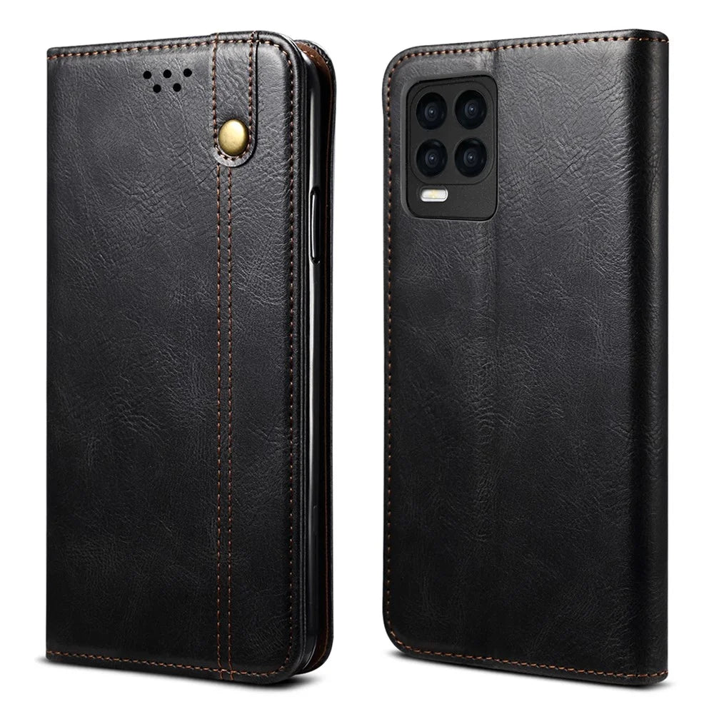 Oil-Waxy Leather Phone Cover with Wallet Stand for Realme 8/8 Pro - Black - 1