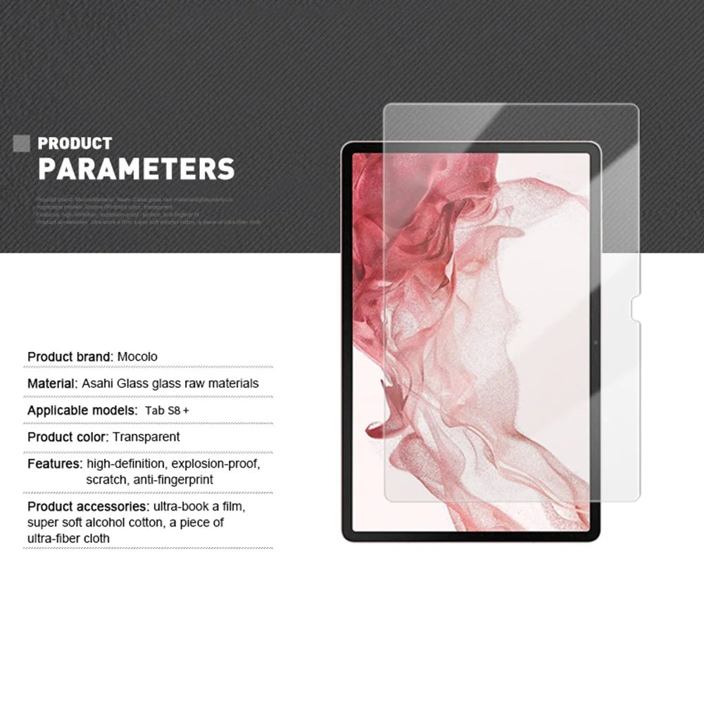 MOCOLO 2.5D Edge Protection Screen Protector for Samsung Galaxy Tab S9+ / S7+ / S8+ / S7 FE Complete Covering Full Glue HD Clear Tempered Glass Film - 2