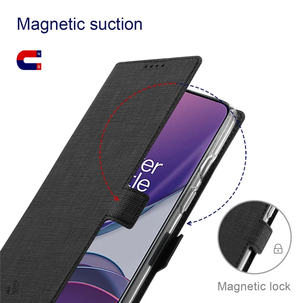 VILI DMK Series Double Magnetic Clasp Cross Texture Leather Wallet Stand Cover Case for OnePlus 9 Pro - Black - 2