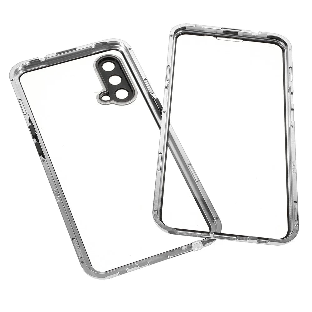 Double Side Tempered Glass Phone Case + Metal Frame with Lock Ultra Clear Cover for OnePlus Nord CE 5G - Silver - 7