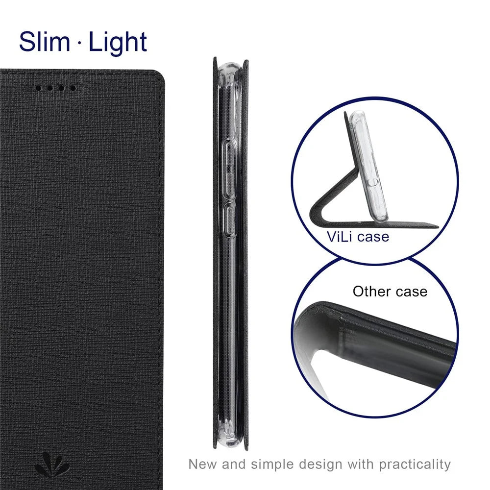 VILI DMX Series for OnePlus 10 Pro 5G, Auto-Absorbed Leather Phone Case with Stand Card Slot - Black - 5