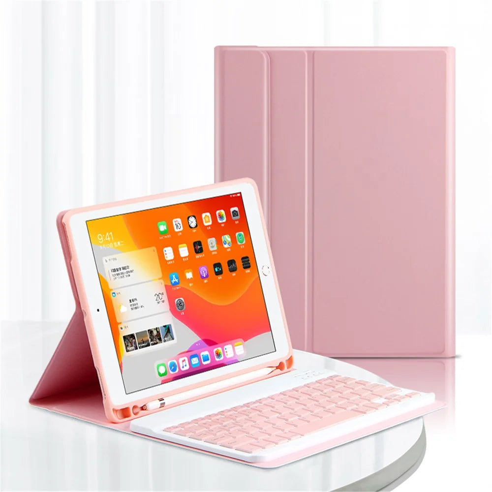 Wireless Bluetooth-compatible Keyboard + Leather Shell 2-in-1 Cover Case with Pen Slot For iPad Air (2013) / Air 2 / 9.7-inch (2017) / 9.7-inch (2018) - Pink - 4