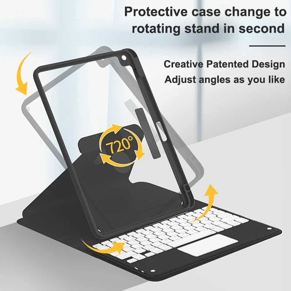 For iPad 10.2 (2021)/(2019)/(2020) Detachable Bluetooth-compatible Keyboard with TouchPad + Rotating Leather Protective Cover Case with Pencil Holder - Black - 2