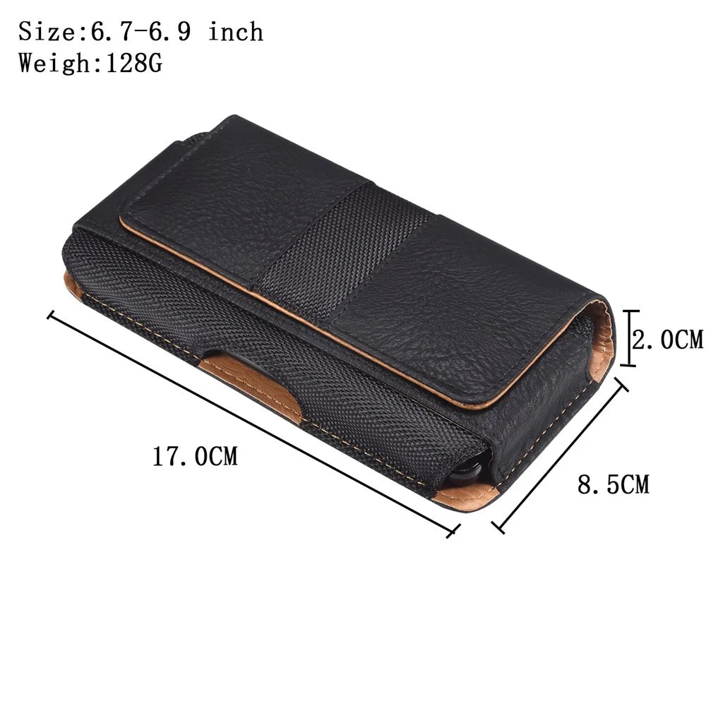 Cowhide Texture PU Leather+Nylon Phone Belt Bag for 6.7-6.9" Cell Phone Horizontal Splicing Waist Pouch - Black - 6