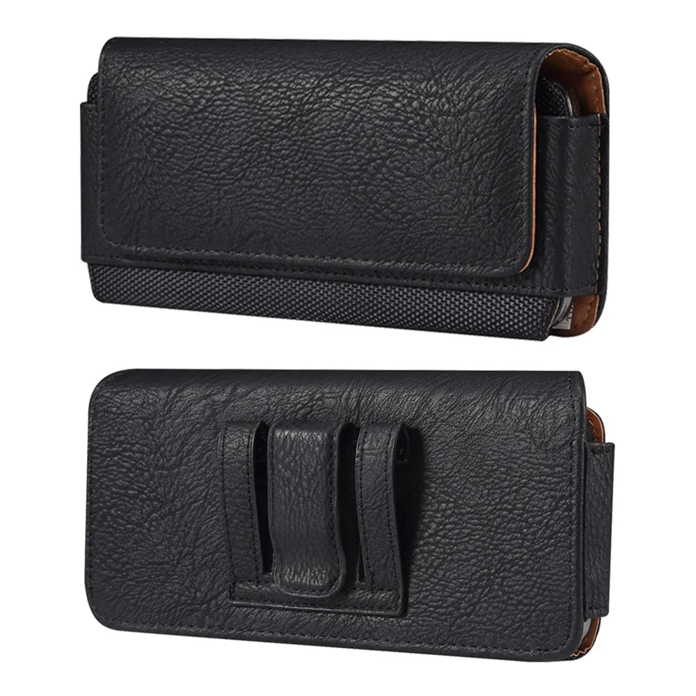 Cowhide Texture PU Leather+Nylon Waist Bag Anti-Scratch Horizontal Belt Phone Pouch for 6.2-6.5" Smartphone - Black - 1