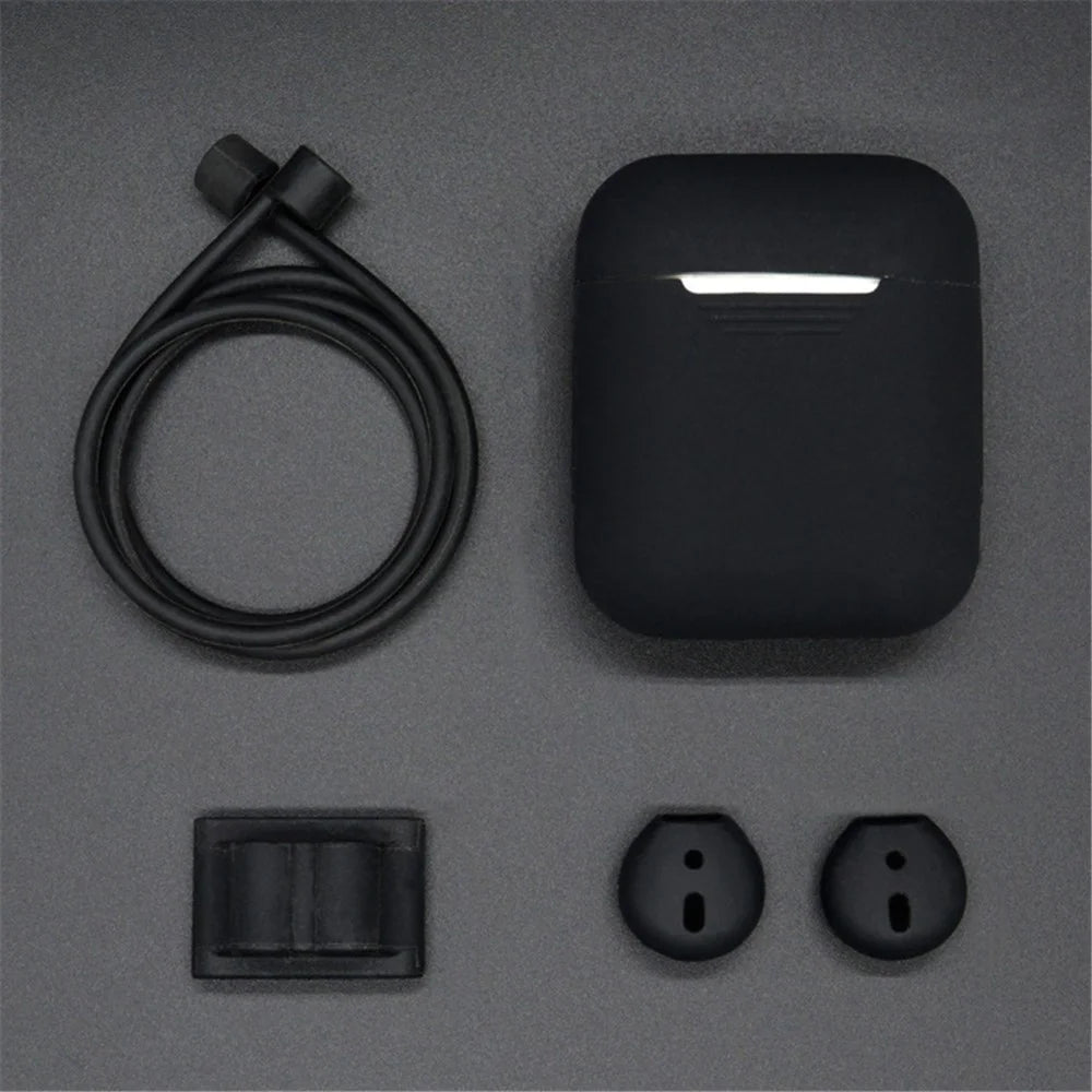 For Apple AirPods 4-in-1 Accessories Shock-proof Silicone Protective Cover + Neck Strap + Earphone Holder + Earbud Cover - Black - 1