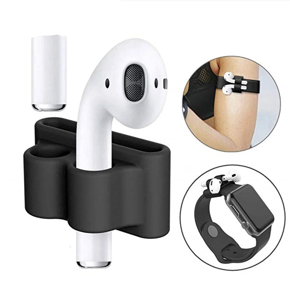 For Apple AirPods 4-in-1 Accessories Shock-proof Silicone Protective Cover + Neck Strap + Earphone Holder + Earbud Cover - Black - 3