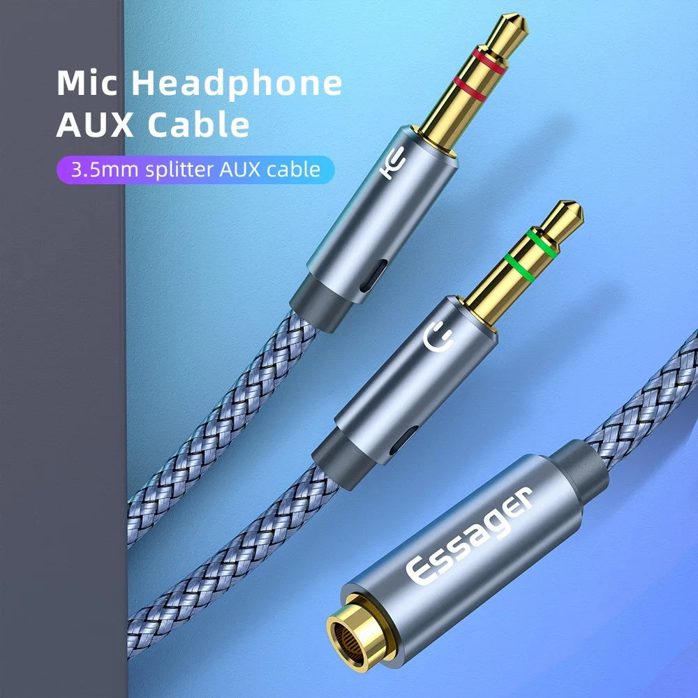 ESSAGER 0.25m 3.5mm Female to Dual 3.5mm Male Mic AUX Audio Y Splitter Cable Headphone Adapter Cord - 2