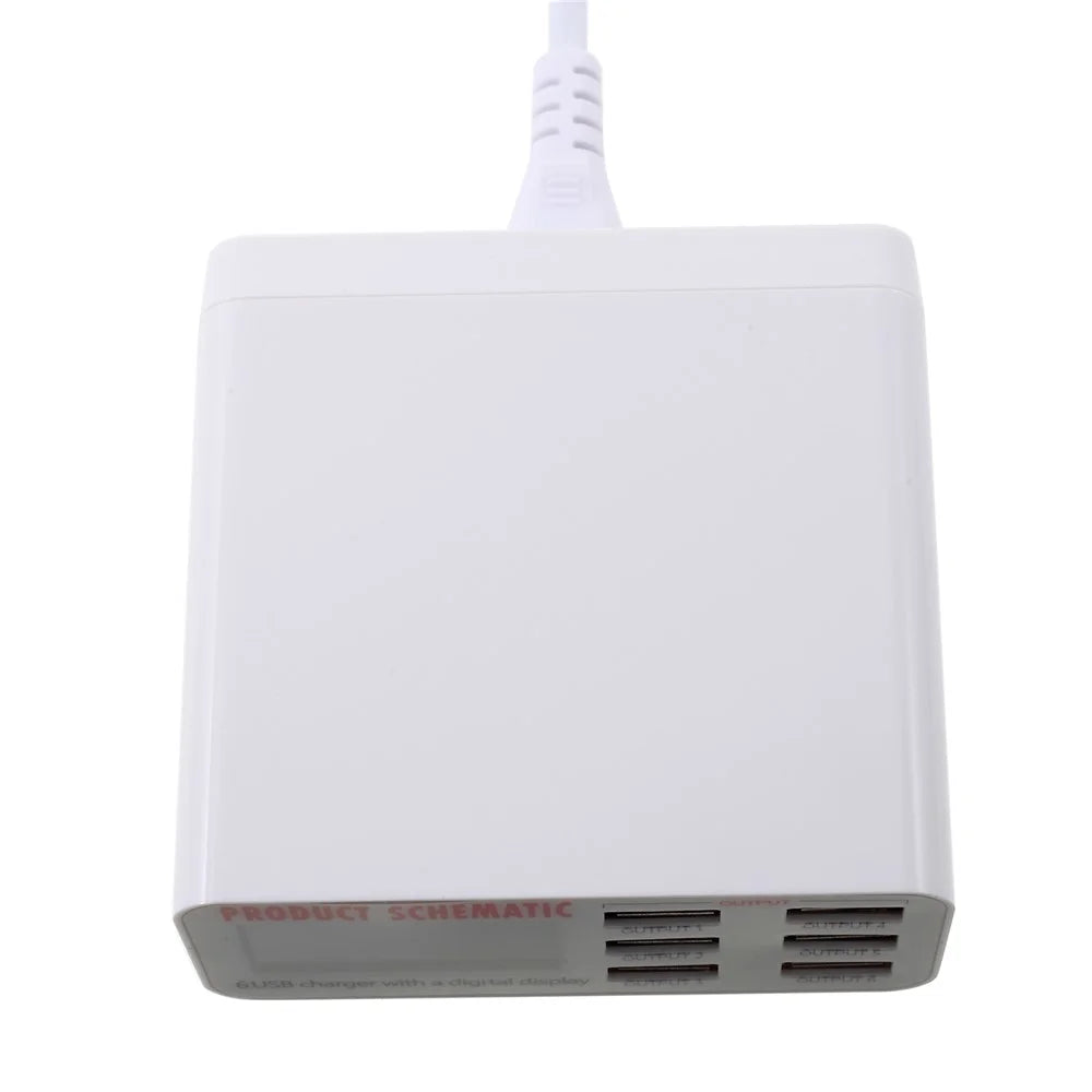 6 USB Ports Charger with Digital Display 30W Total 5V/6A Output - EU Plug - 2