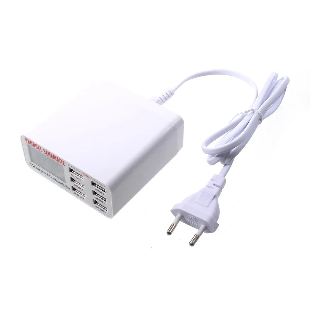 6 USB Ports Charger with Digital Display 30W Total 5V/6A Output - EU Plug - 5