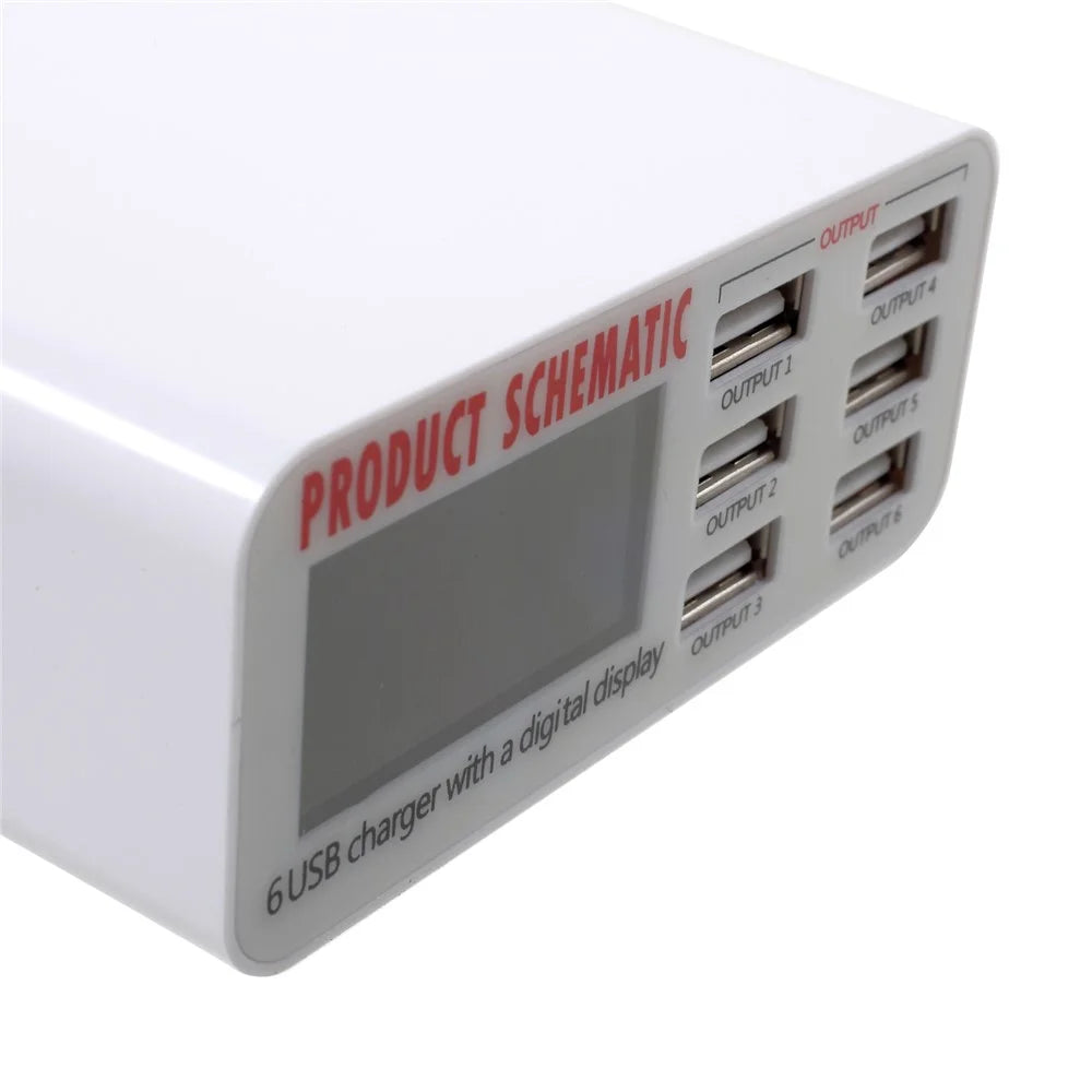 6 USB Ports Charger with Digital Display 30W Total 5V/6A Output - EU Plug - 7