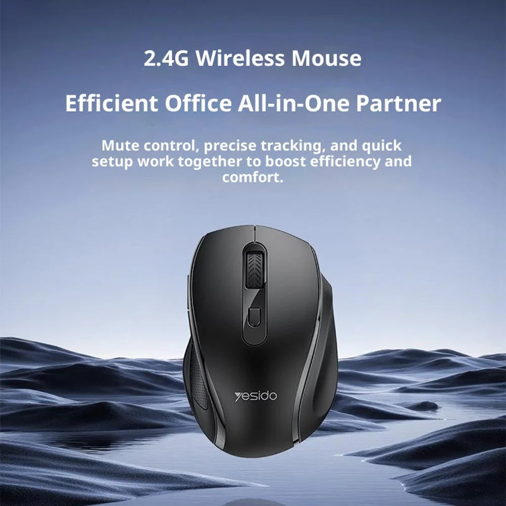 YESIDO KB45 2.4G Wireless Quiet Business Mouse 6 Buttons 4 DPI Wide Side Rest Precise Tracking for Windows / Mac / Android - Black - 2
