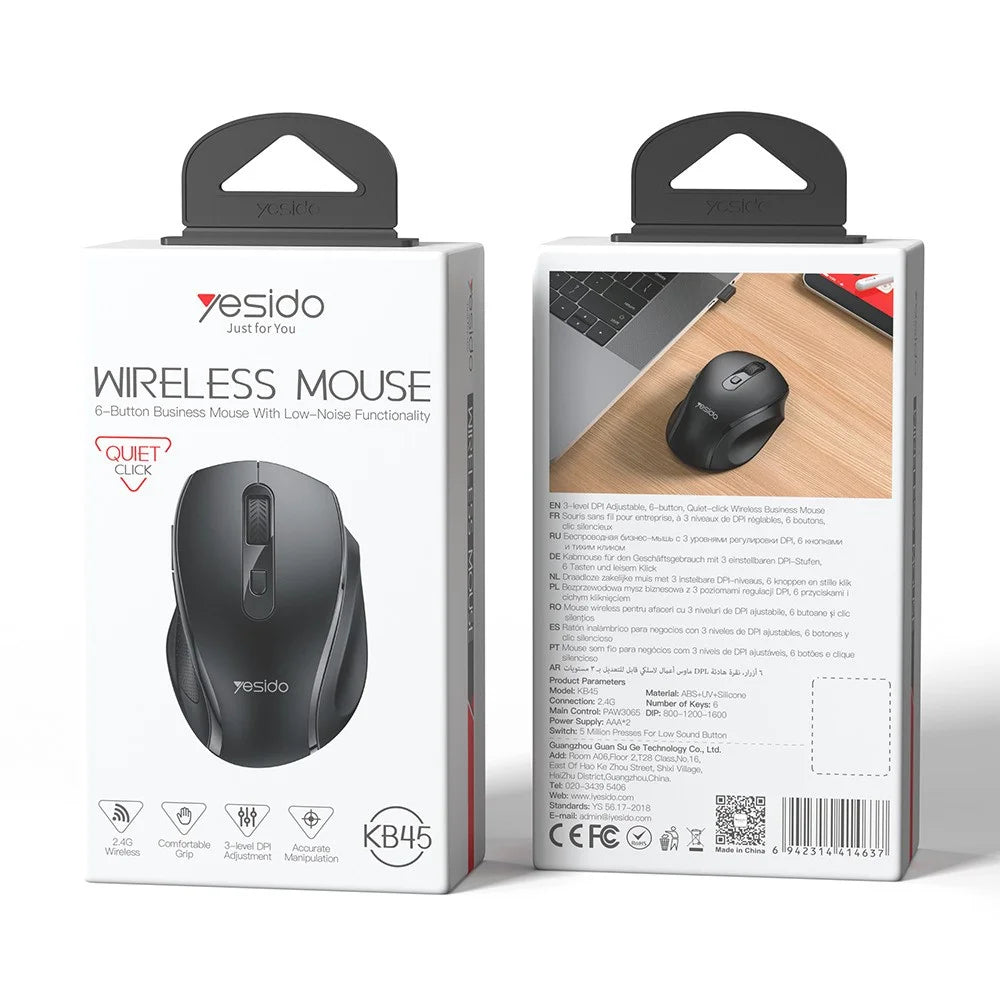 YESIDO KB45 2.4G Wireless Quiet Business Mouse 6 Buttons 4 DPI Wide Side Rest Precise Tracking for Windows / Mac / Android - Black - 6