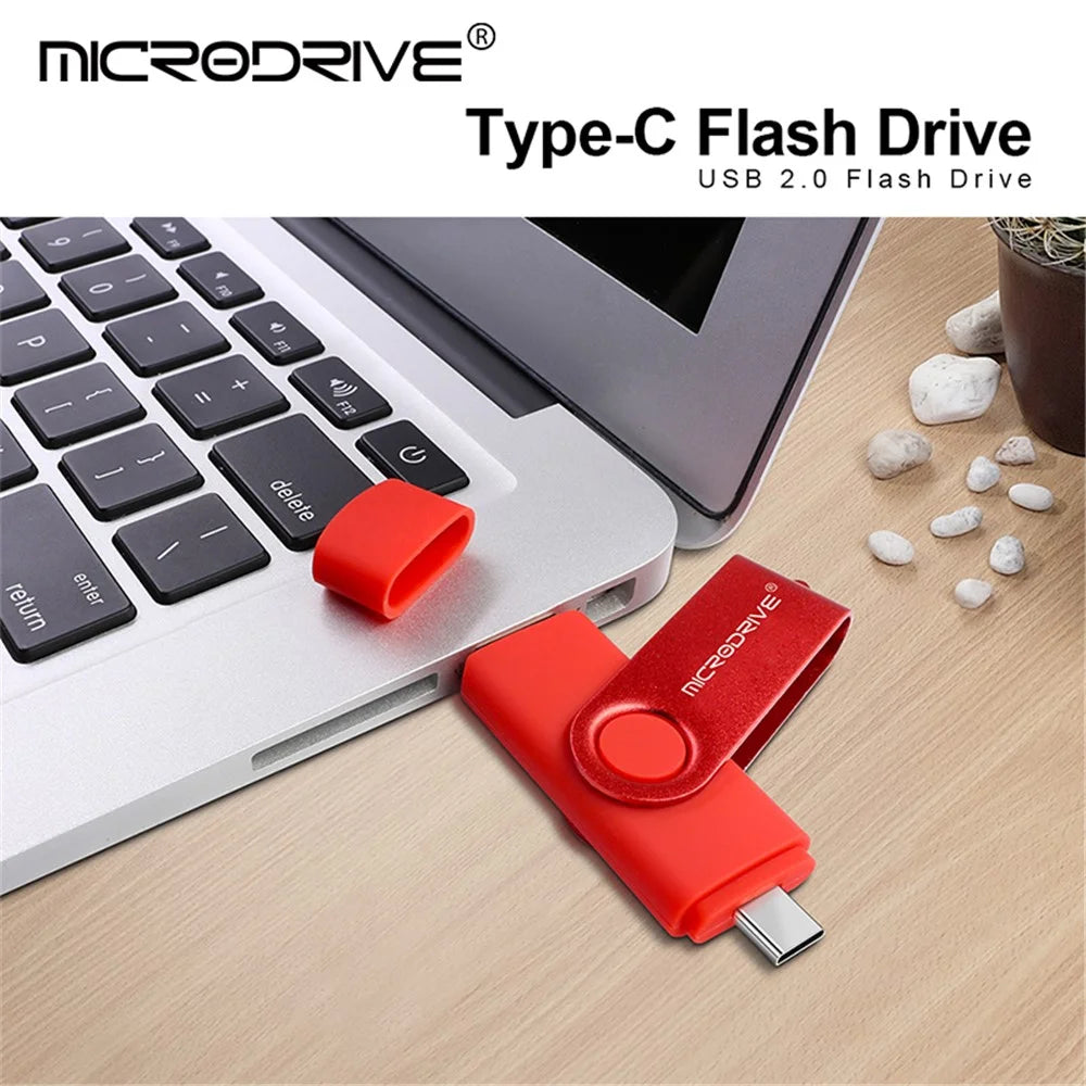 MICRODRIVE 4GB Metal Flash Drive 2-in-1 USB 2.0 / Type-C Rotating OTG USB Memory Stick - Red - 6