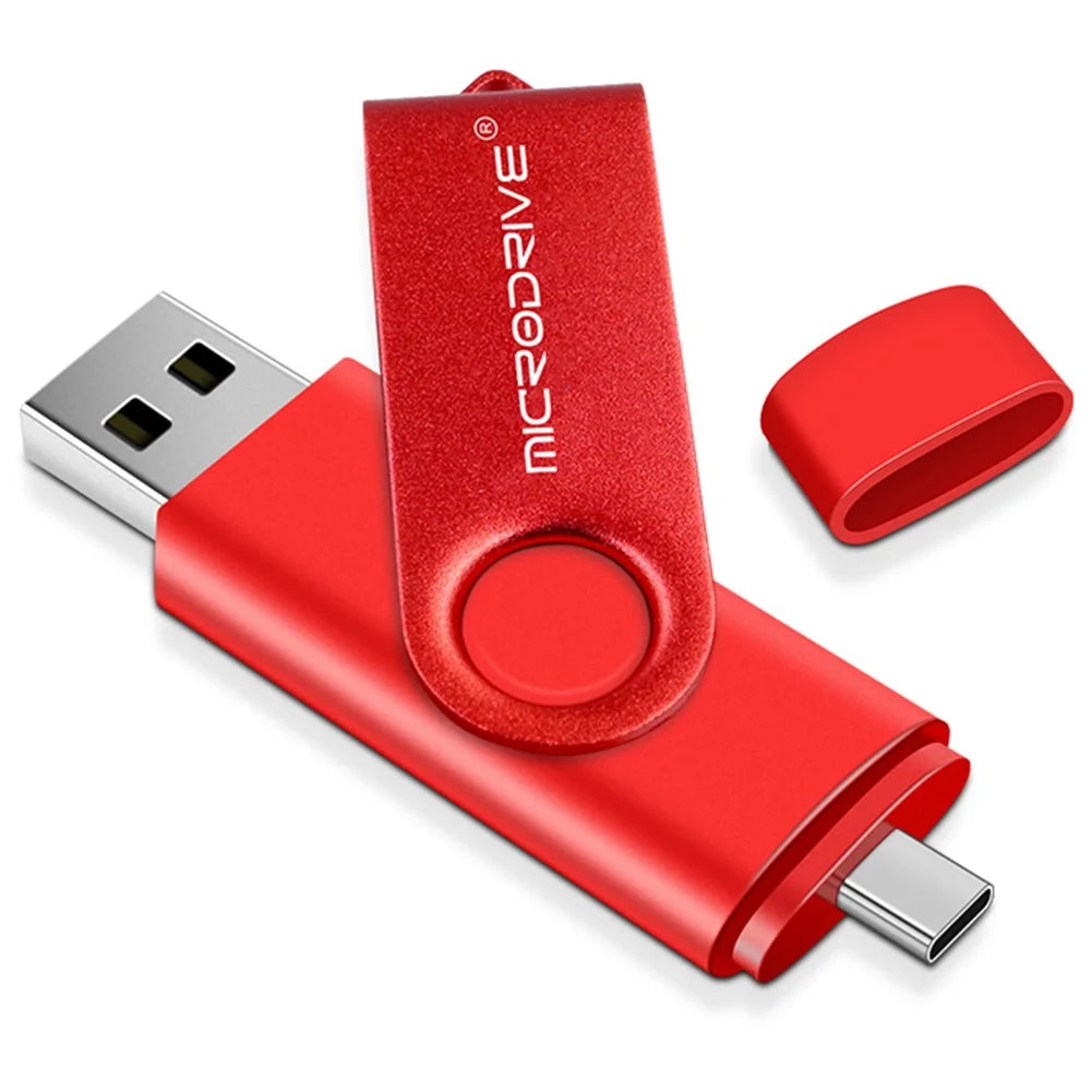 MICRODRIVE 128GB Rotating U-Disk 2-in-1 USB 2.0 / Type-C OTG Metal Flash Drive - Red - 1