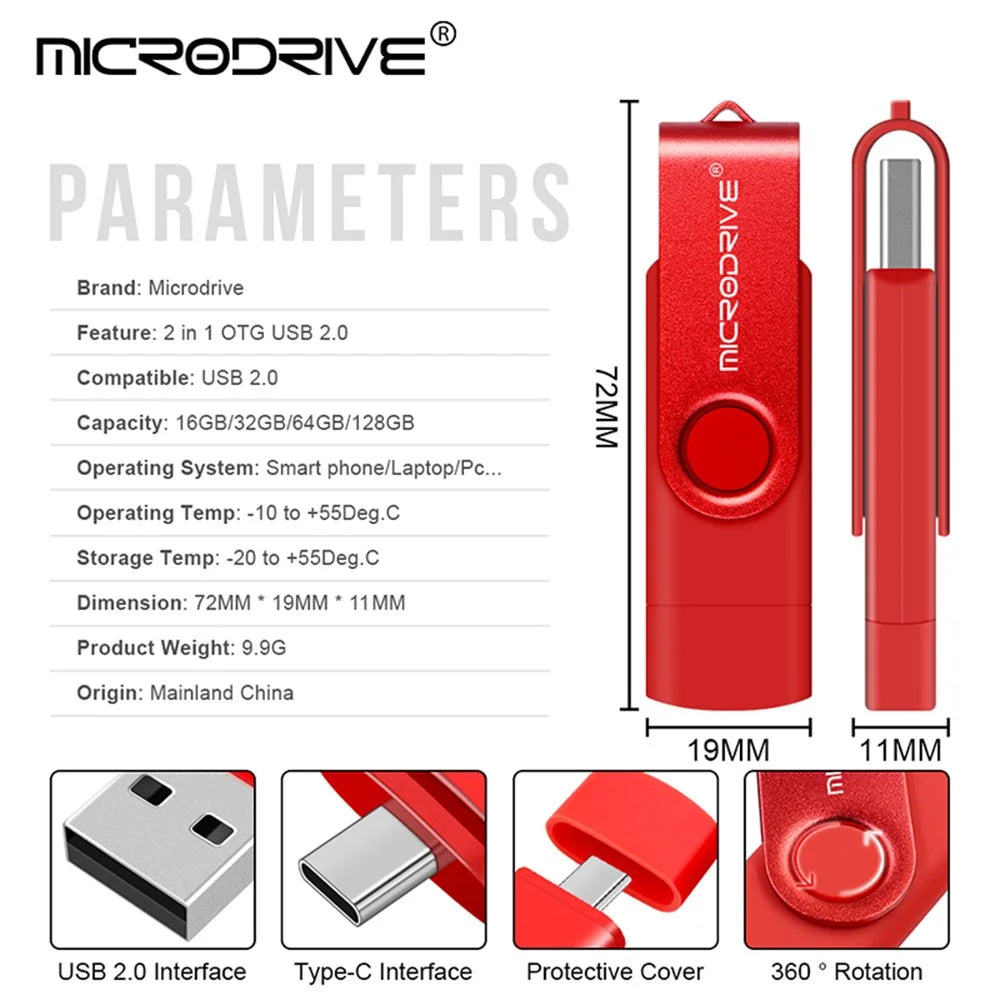 MICRODRIVE 16GB Flash Drive 2-in-1 USB 2.0 / Type-C Rotating OTG Metal U-Disk - Black - 5