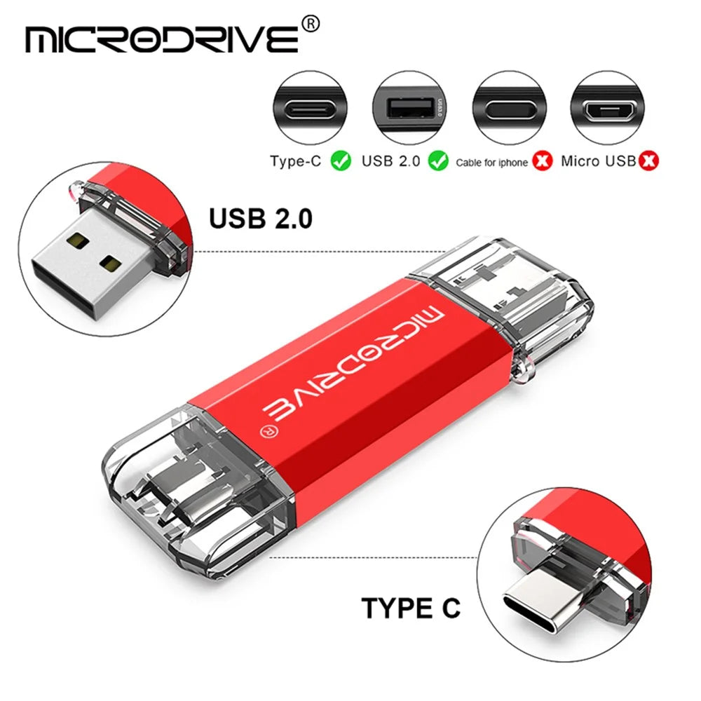 MICRODRIVE 128GB 2-in-1 USB 2.0 / Type-C U-Disk High Speed Flash Disk for Phone Computer - Red - 3