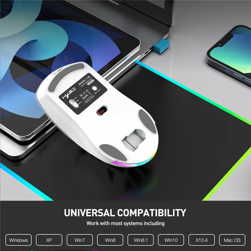 HXSJ T26 Wireless Mouse Bluetooth5.1 + 2.4Ghz Dual Modes 4800 DPI RGB Backlit Mouse - White - 6