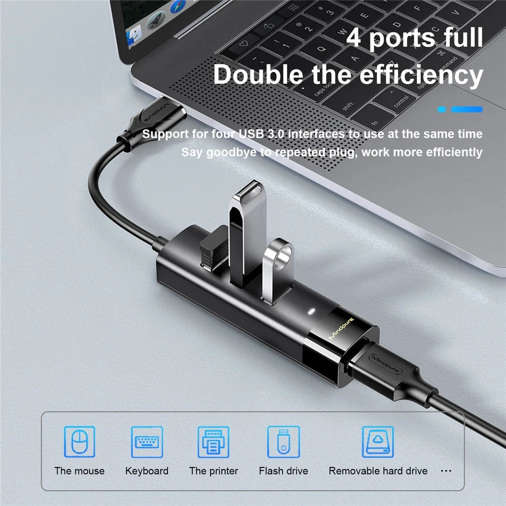 MINDPURE US022 0.3m USB-A to USB 3.0 4-Port Hub High Speed Data Transfer Laptop Docking Station - 5