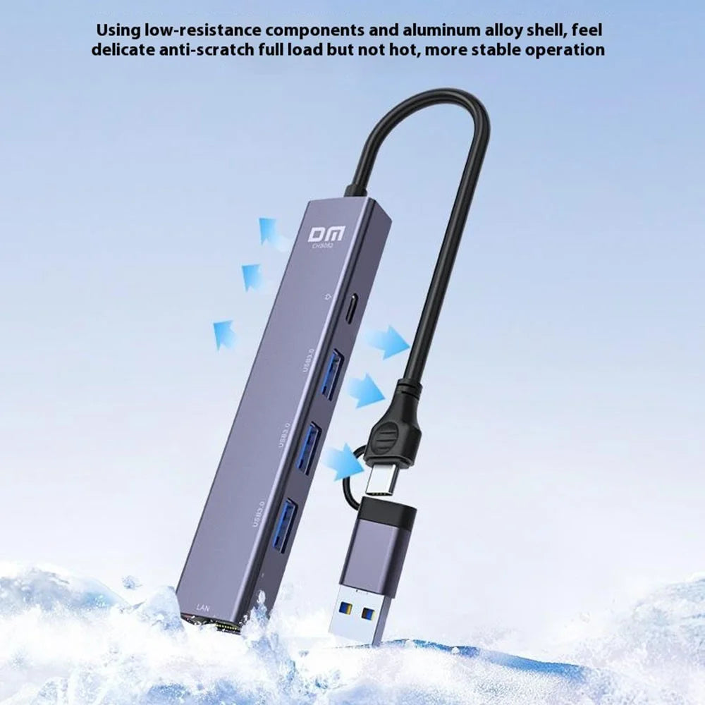 DM CHB082 USB 3.0 Hub 3 Ports Gigabit Ethernet Adapter High Speed Data Transfer Aluminum Alloy Hub - 6
