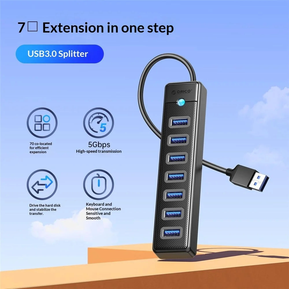 ORICO PW7U-U3 7 Port USB 3.0 Hub 5Gbps Data Transfer with Power Supply Port 15CM Cable Length - Black - 2