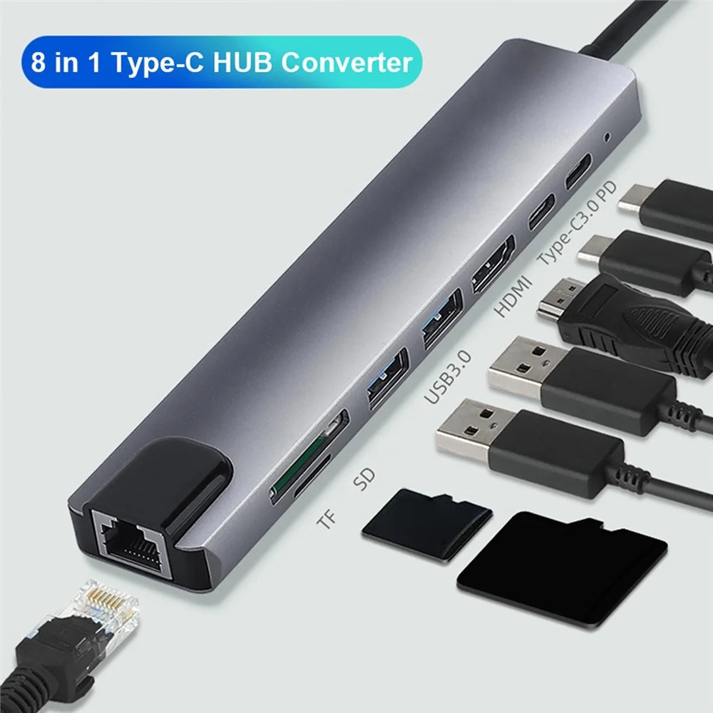8-in-1 Type-C Docking Station +2*USB3.0+2*Type-C+RJ45+TF+SD Multi-function HUB - 2