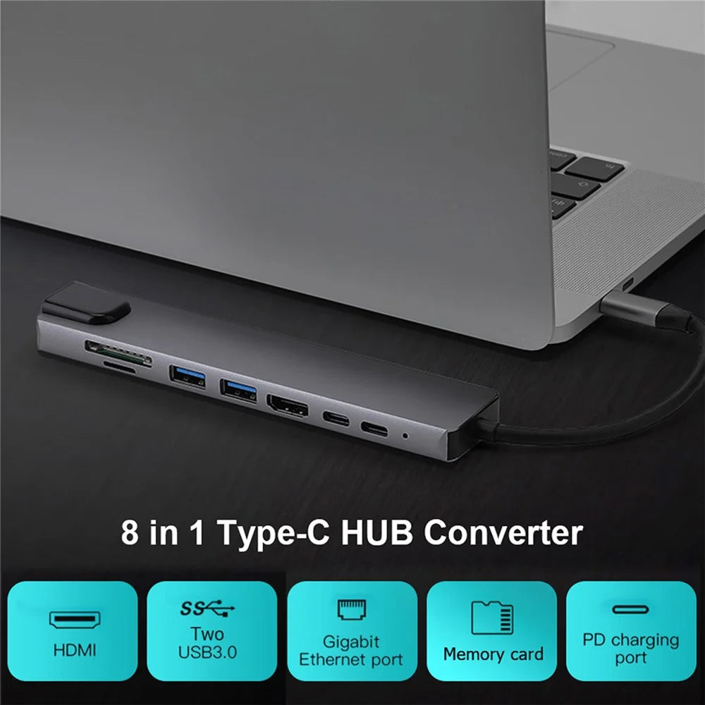 8-in-1 Type-C Docking Station +2*USB3.0+2*Type-C+RJ45+TF+SD Multi-function HUB - 3