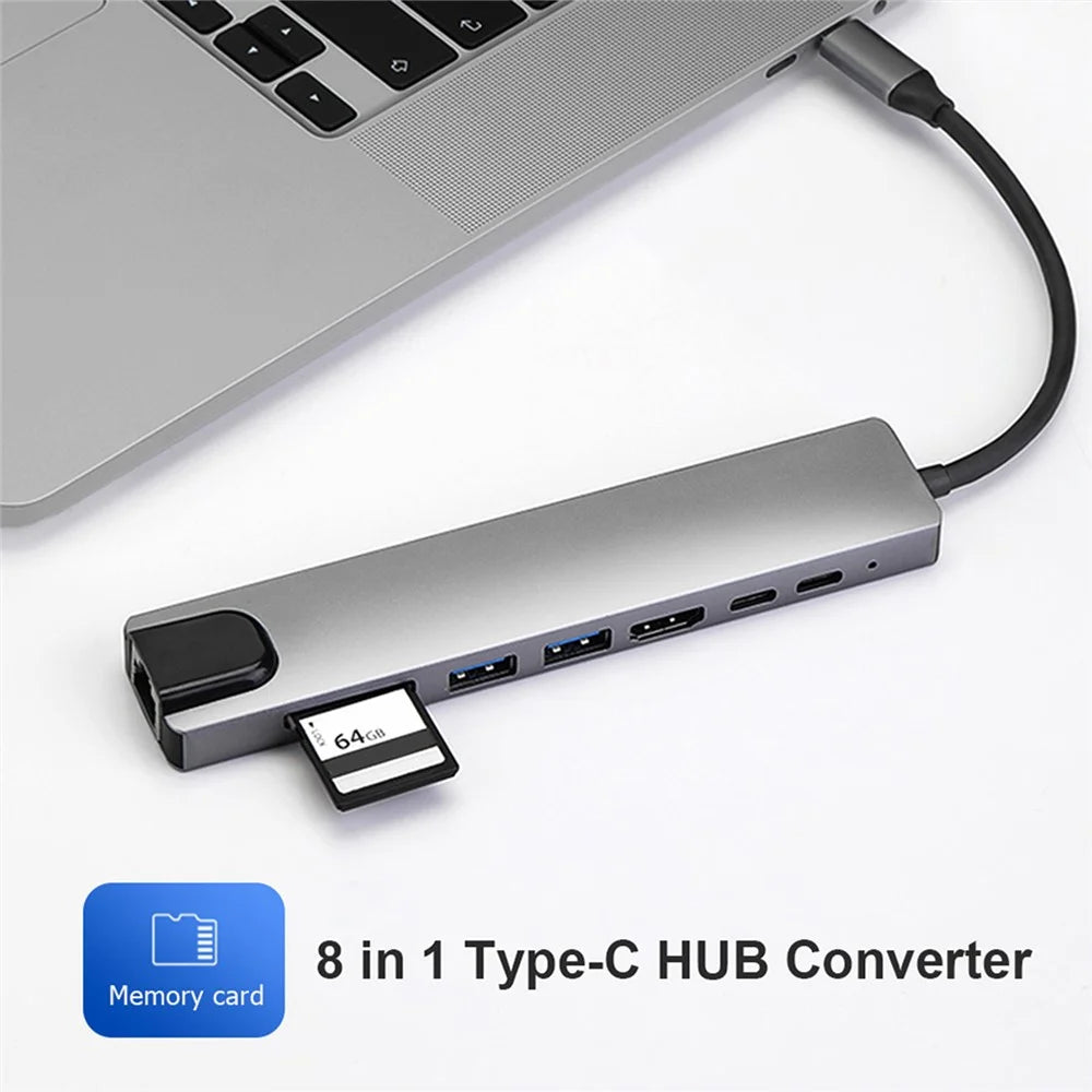 8-in-1 Type-C Docking Station +2*USB3.0+2*Type-C+RJ45+TF+SD Multi-function HUB - 4
