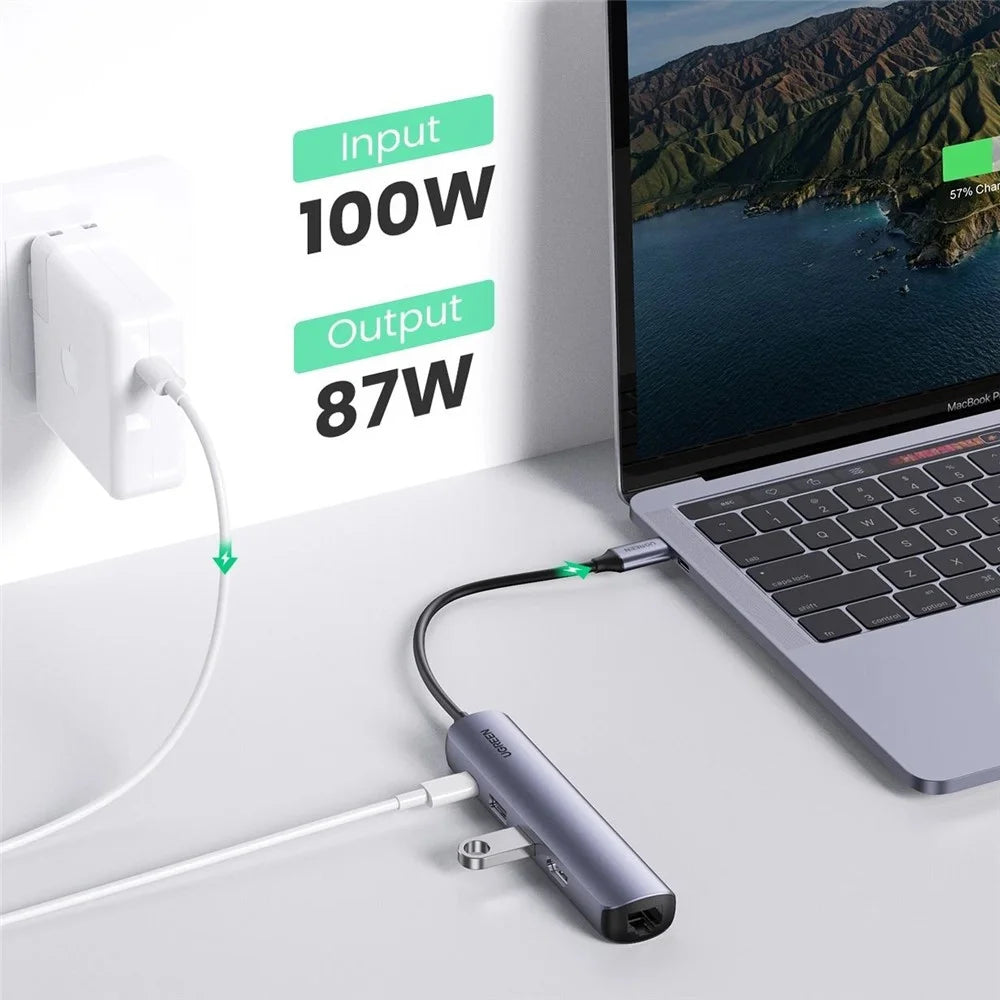 UGREEN 5 in 1 USB C Hub Type-C 3.1 to HD RJ45 USB 3.0 PD Charging Multi Splitter Adapter for MacBook Air Pro - 5