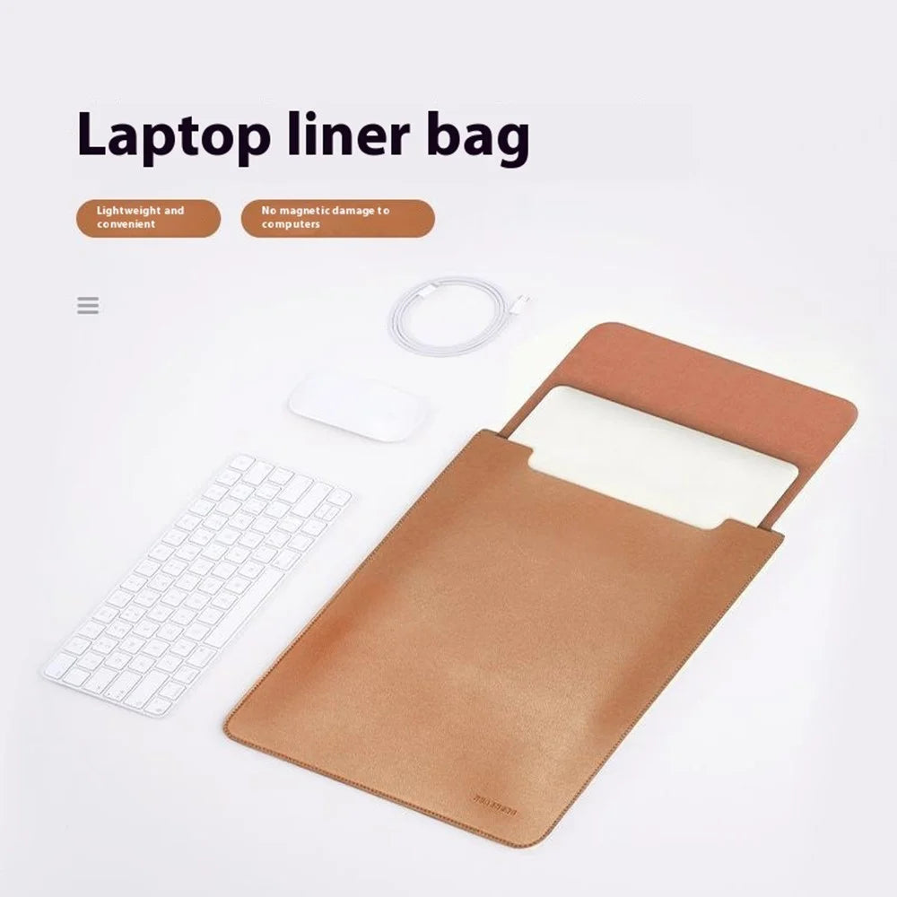 HUASHENG For 11 Inch Laptop Sleeve Ultra Thin PU Leather Portable Non Magnetic Vertical Notebook Bag - Light Brown - 4