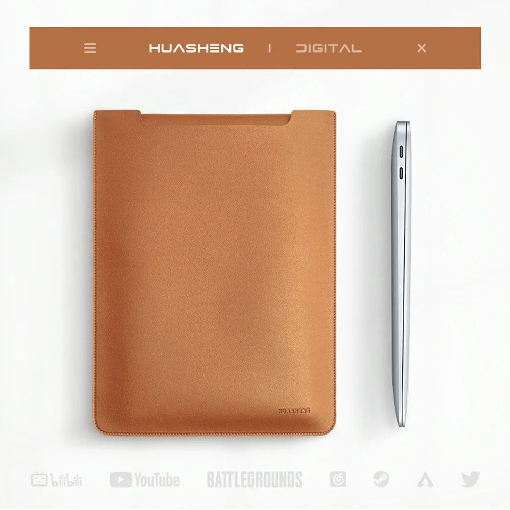 HUASHENG For 15 / 15.4 Inch Laptop Sleeve Ultra Thin PU Leather Portable Non Magnetic Vertical Notebook Bag - Light Brown - 3