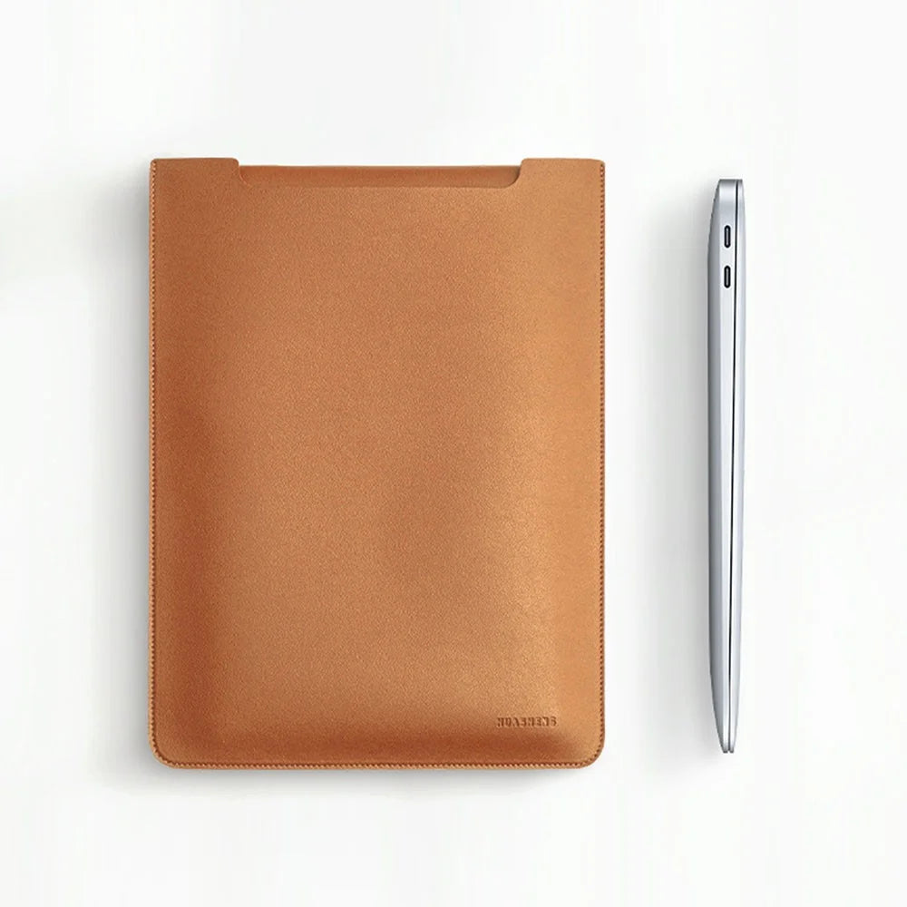 HUASHENG Vertical Laptop Sleeve with Mini Pouch for 13 / 13.3 / 14 Inch Notebook Bag Ultra Thin Portable PU Leather Case - Light Brown - 3