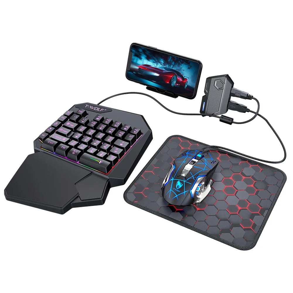T-WOLF TF950 5PCS Gaming Keyboard Mouse Set Wired 40-Key Keyboard Mouse with Stand and Adapter for Android Phone Tablet - Black - 1