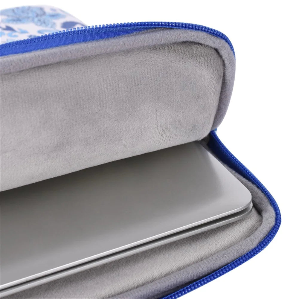CANVASARTISAN G54-11 Front Pocket Zipper PU Leather Laptop Sleeve Flower Pattern Full Protection Notebook Carrying Bag - Blue/White/for 11-inch Laptop - 7