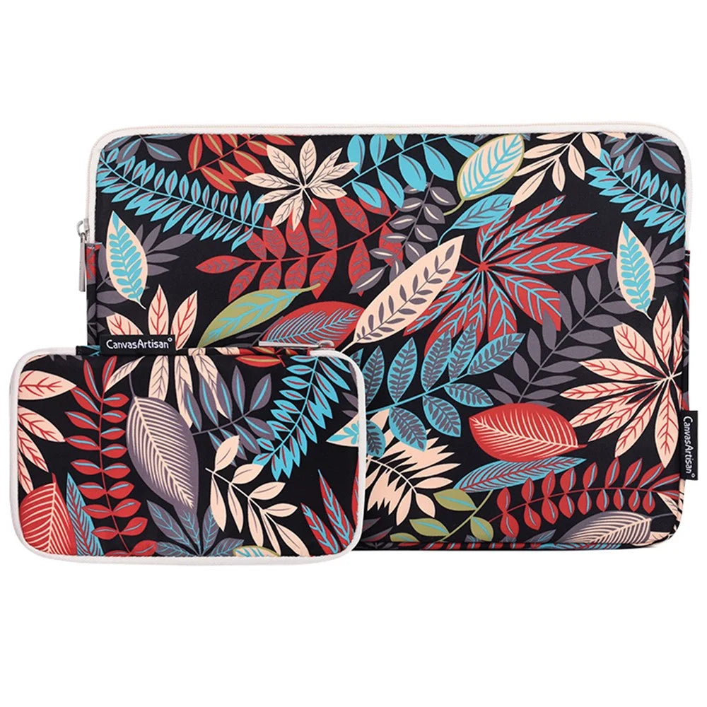 CANVASARTISAN H30-T0121 Leaves Printed Ultra-thin Protective Laptop Sleeve Zipper Notebook PC Bag with Small Bag - Black/for 11-inch Laptop - 1