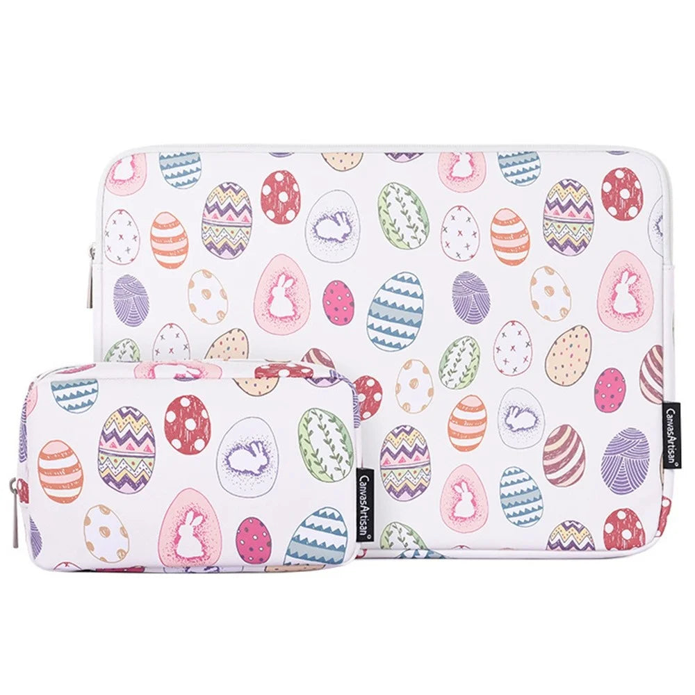 CANVASARTISAN G52-T0111 2Pcs/Set 14-inch Notebook Carrying Bag with Small Bag Easter Bunny and Eggs Pattern PU Laptop Sleeve - 1